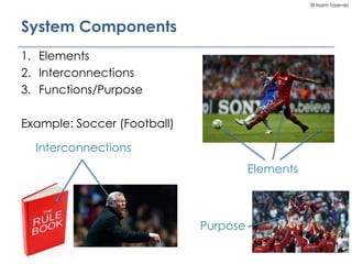 © Norm Tasevski
System Components
1. Elements
2. Interconnections
3. Functions/Purpose
Example: Soccer (Football)
6
Elemen...