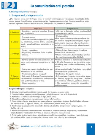 2
Unidad
20. Investigación previa (Fotocopia)
1. Lengua oral y lengua escrita
¿Qué relación existe entre la lengua oral y la escrita? Constituyen dos variedades o modalidades de la
misma lengua. Son diferentes y complementarias. En ocasiones se mezclan. Ejemplo: cuando un texto
literario reproduce un texto oral, un discurso leído en voz alta, la toma de apuntes...
Lengua oral Lengua escrita
1. Contexto
• Inmediatez: presencia inmediata de emi-
sor y destinatario.
• Diferida, a distancia: no hay simultaneidad
de emisión y recepción.
2. Código
• Lenguaje sonoro.
• Importan los elementos prosódicos (acen-
to, entonación, pausas, ritmo, velocidad,
tono) y extralingüísticos (proxémica y ci-
nética).
• Código gráfico.
• Los signos de interrogación y exclamación,
los recursos ripográficos (subrayado, mayús-
culas, negrita o cursiva) y las explicaciones
verbales permiten interpretar adecuadamente
el mensaje.
3. Mensaje
• Fresco y espontáneo
• Repetitivo y redundante frente al ruido.
• Efímero.
• Más reflexivo. Su uso revela el grado de
formación de los emisores.
• Menos redundantes. Posibilidad de relectura
• Lo escrito permanece (durabilidad).
4. Objetivo
• Permite realizar acciones cotidianas, for-
marse como personase integrarse en la vida
social.
• Permite conservar la memoria de los hechos
y del saber humano, ya que permite su comu-
nicación y preservación en el tiempo y la dis-
tancia.
5. Rasgos
lingüísticos
• Ausencia o escasez de planificación -es-
pontaneidad de los hablantes.
• Predominio del estilo coloquial.
• Relevancia de la situación comunicativa:
circunstancias, relación entre los interlocu-
tores y el tema del que se trate.
• Menos normativo.
• Caracter planificado. Posibilidad y necesidad
de modificación y corrección.
• Predominio del registro formal.
• Relevancia de elementos no verbales: sopor-
te, formato, tipografía, infogramas... ordena-
ción en títulos, subtítulos, capítulos, párrafos...
• Más normativo: corrección ortográfica y
morfosintáctica.
Rasgos del lenguaje coloquial:
1. Libertad construcción sintáctica (emotividad): Ese tema no lo hemos visto.
2. Complejidad de los enunciados (El examen, ¿dónde lo pusiste?, no, si lo he perdido).
3. Referencia al contexto: deícticos (yo, tú aquí, ahora, este).
4. Marcadores del discurso: pues, entonces, bueno, vale, hombre...
5. Enunciación relajada: anacolutos, cortes de palabras, repeticiones, titubeos. Posibilidad de solaparse
los interlocutores (Llegas tar...bueno, diez minutos tarde; mmm, bueno, no sé).
6. Tendencia a la condensación: enunciados de una sola palabra, interjecciones y elipsis (¿Tú?... ni
hablar. ¡Ayyy!).
7. Reflejo de la expresividad del hablante: redundancia, elementos fáticos o apelativos y expresiones
intensificadoras y atenuantes (horrible, de alucine; está como muy nerviosa).
8. Preferencias léxicas: expresiones idiomáticas y metafóricas, muletillas, comodines y usos de jergas
(le costó un riñón; coger el toro por los cuernos; cosa; vale; chorizo; mazo chungo).
Actividades pág. 25, 1-5; pág 26, 6-9; pág. 27, 10-13.
La comunicación oral y escrita
 