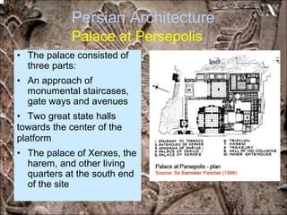 Persian Architecture
Palace at Persepolis
• The palace consisted of
three parts:
• An approach of
monumental staircases,
gate ways and avenues
• Two great state halls
towards the center of the
platform
• The palace of Xerxes, the
harem, and other living
quarters at the south end
of the site
*for educational purposes only*
 