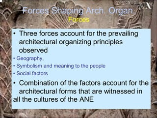 Forces Shaping Arch. Organ.
Forces
• Three forces account for the prevailing
architectural organizing principles
observed
• Geography,
• Symbolism and meaning to the people
• Social factors
• Combination of the factors account for the
architectural forms that are witnessed in
all the cultures of the ANE
*for educational purposes only*
 