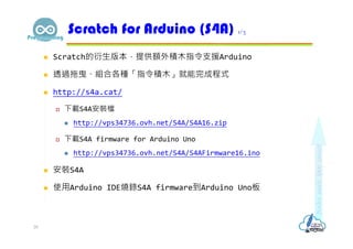  Scratch的衍生版本，提供額外積木指令支援Arduino
 透過拖曳、組合各種「指令積木」就能完成程式
 http://s4a.cat/
 下載S4A安裝檔
 http://vps34736.ovh.net/S4A/S4A16.zip
 下載S4A firmware for Arduino Uno
 http://vps34736.ovh.net/S4A/S4AFirmware16.ino
 安裝S4A
 使用Arduino IDE燒錄S4A firmware到Arduino Uno板
Scratch for Arduino (S4A) 1/3
20
 