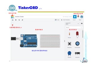 TinkerCAD 3/11
30
檢視零件清單
電子零件區電路佈線區
自動調整電路大小
拖曳零件到電路佈線區
返回主頁面
 