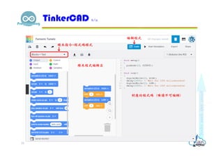 TinkerCAD 6/11
33
積木程式編輯區
編輯程式
積木指令+程式碼模式
對應的程式碼 (唯讀不可編輯)
 