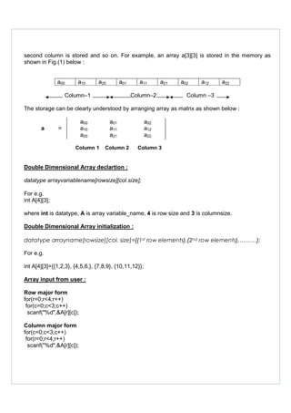 second column is stored and so on. For example, an array a[3][3] is stored in the memory as
shown in Fig.(1) below :
a00 a10 a20 a01 a11 a21 a02 a12 a22
Column–1 Column–2 Column –3
The storage can be clearly understood by arranging array as matrix as shown below :
a00 a01 a02
a = a10 a11 a12
a20 a21 a22
Column 1 Column 2 Column 3
Double Dimensional Array declartion :
datatype arrayvariablename[rowsize][col.size];
For e.g.
int A[4][3];
where int is datatype, A is array variable_name, 4 is row size and 3 is columnsize.
Double Dimensional Array initialization :
datatype arrayname[rowsize][col. size]={{1st row elements},{2nd row elements},………};
For e.g.
int A[4][3]={{1,2,3}, {4,5,6,}, {7,8,9}, {10,11,12}};
Array input from user :
Row major form
for(r=0;r<4;r++)
for(c=0;c<3;c++)
scanf("%d",&A[r][c]);
Column major form
for(c=0;c<3;c++)
for(r=0;r<4;r++)
scanf("%d",&A[r][c]);
 