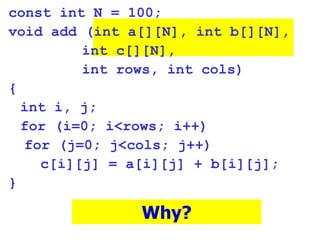 const int N = 100; void add (int a[][N], int b[][N],   int c[][N],   int rows, int cols)‏ { int i, j; for (i=0; i<rows; i++)‏ for (j=0; j<cols; j++)‏ c[i][j] = a[i][j] + b[i][j]; } Why? 