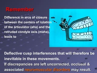 RememberRemember
Difference in arcs of closure
between the centers of rotation
of the articulator (aha) and the
retruded condyle axis (maha),
leads to
Deflective cusp interferences that will therefore be
inevitable in these movements.
If discrepancies are left uncorrected, occlusal &If discrepancies are left uncorrected, occlusal &
associatedassociated neuromuscular disordersneuromuscular disorders may result.may result.
 
