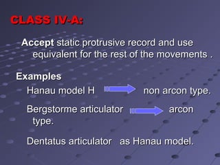 AcceptAccept static protrusive record and usestatic protrusive record and use
equivalent for the rest of the movements .equivalent for the rest of the movements .
ExamplesExamples
Hanau model H non arcon type.Hanau model H non arcon type.
Bergstorme articulator arconBergstorme articulator arcon
type.type.
Dentatus articulator as Hanau model.Dentatus articulator as Hanau model.
CLASS IVCLASS IV-A:-A:
 