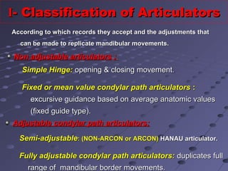 II-- Classification of ArticulatorsClassification of Articulators
According to which records they accept and the adjustments thatAccording to which records they accept and the adjustments that
can be made to replicate mandibular movements.can be made to replicate mandibular movements.
Non adjustable articulatorsNon adjustable articulators ::
Adjustable condylar path articulators:Adjustable condylar path articulators:
Semi-adjustableSemi-adjustable:: (NON-ARCON or ARCON)(NON-ARCON or ARCON) HANAU articulator.HANAU articulator.
Fully adjustable condylar path articulators:Fully adjustable condylar path articulators: duplicates fullduplicates full
range of mandibular border movements.range of mandibular border movements.
Simple Hinge:Simple Hinge: opening & closing movement.opening & closing movement.
Fixed or mean value condylar path articulatorsFixed or mean value condylar path articulators ::
excursive guidance based on average anatomic valuesexcursive guidance based on average anatomic values
(fixed guide type).(fixed guide type).
 