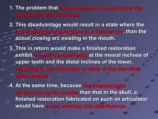 1.1. The problem thatThe problem that the movements do not follow thethe movements do not follow the
actual intraoral pathways.actual intraoral pathways.
2.2. This disadvantage would result in a state where theThis disadvantage would result in a state where the
lower member would close at a steeper arclower member would close at a steeper arc, than the, than the
actual closing arc existing in the mouth.actual closing arc existing in the mouth.
3.3. This in return would make a finished restorationThis in return would make a finished restoration
exhibitexhibit a centric prematurity,a centric prematurity, at the mesial inclines ofat the mesial inclines of
upper teeth and the distal inclines of the lower,upper teeth and the distal inclines of the lower,
resulting in the deflection or slide of the mandibleresulting in the deflection or slide of the mandible
upon closureupon closure..
4.4. At the same time, becauseAt the same time, because the intercondylarthe intercondylar
distance is by far smallerdistance is by far smaller than that in the skull, athan that in the skull, a
finished restoration fabricated on such an articulatorfinished restoration fabricated on such an articulator
would havewould have a non working side interference.a non working side interference.
 