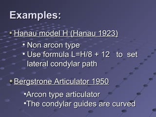 Examples:Examples:
• Non arcon typeNon arcon type
• Use formula L=H/8 + 12 to setUse formula L=H/8 + 12 to set
lateral condylar pathlateral condylar path
Hanau model H (Hanau 1923)Hanau model H (Hanau 1923)
Bergstrone Articulator 1950Bergstrone Articulator 1950
•Arcon type articulatorArcon type articulator
•The condylar guides are curvedThe condylar guides are curved
 