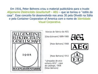 Em 1916, Peter Behrens criou o material publicitário para o truste 
Allgemeine Elektricitäts Gesellschaft – AEG – que se tornou o “estilo da 
casa”. Esse conceito foi desenvolvido nos anos 30 pela Olivetti na Itália 
e pela Container Corporation of America com o nome de Identidade 
Visual Corporativa. 
 