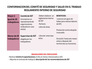 CONFORMACIONDEL COMITÉ DE SEGURIDAD Y SALUD EN EL TRABAJO
REGLAMENTO INTERNO DE SEGURIDAD
Mayoró
Igualde 20
trabajadores
ComitédeSST
(incorporanun
representantede
organizaciones
sindicalesen caso
exista)
-Deben elaborar un
reglamentointerno
de SST
-Paritario
-Libro de Actas
BENEFICIOS:
-Licenciacon goce de
haberpara realizarlabores
de SST,
Proteccióncontra despido
incausado.
Duración:hasta seis meses
antesy después del
termino de sus funciones.
Menorde20
trabajadores
SupervisordeSST
elegidopor los
trabajadores
-Librode notastipo
actas.
OBLIGACIONES DEL EMPLEADOR:
- Realizarmínimo 4 capacitaciones al año en temas relacionadosa SST,
- Adjuntaral contratode trabajola descripciónde las recomendacionesde SST
 