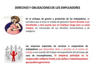 DERECHOSY OBLIGACIONESDE LOS EMPLEADORES
En el enfoque de genero y protección de las trabajadoras, se
considera que al estar en estado de gestación tienen derecho a ser
transferidas a otro puesto que no implique riesgo para su salud
integral, sin menoscabo de sus derechos remunerativos y de
categoría;
Las empresas especiales de servicios o cooperativas de
trabajadores que desarrollen obras o servicios en el centro de
trabajo o con ocasión del trabajo correspondiente del principal, en
caso de incumplimiento, la empresa principal es la
responsable solidaria frente a los daños e indemnizaciones
quepudieragenerarse
 