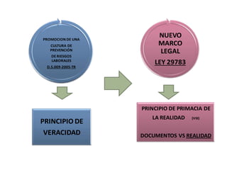 NUEVO
MARCO
LEGAL
LEY 29783
PRINCIPIO DE PRIMACIA DE
LA REALIDAD (VIII)
DOCUMENTOS VS REALIDAD
PROMOCION DE UNA
CULTURA DE
PREVENCIÓN
DE RIESGOS
LABORALES
D.S.009-2005-TR
PRINCIPIO DE
VERACIDAD
 