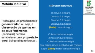 Método Indutivo
13
Pressupõe um procedimento
generalizador, ou seja, a
observação de apenas um
de seus fenômenos
(particular) permite
estabelecer uma proposição
geral (lei geral ou universal).
 