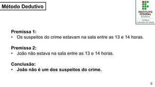 Método Dedutivo
8
Premissa 1:
• Os suspeitos do crime estavam na sala entre as 13 e 14 horas.
Premissa 2:
• João não estava na sala entre as 13 e 14 horas.
Conclusão:
• João não é um dos suspeitos do crime.
 