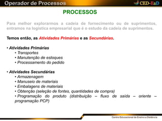 PROCESSOS
Para melhor explorarmos a cadeia de fornecimento ou de suprimentos,
entramos na logística empresarial que é o estudo da cadeia de suprimentos.
Temos então, as Atividades Primárias e as Secundárias.
• Atividades Primárias
• Transportes
• Manutenção de estoques
• Processamento do pedido
saída – oriente –
• Atividades Secundárias
• Armazenagem
• Manuseio de materiais
• Embalagens de materiais
• Obtenção (seleção de fontes, quantidades de compra)
• Programação do produto (distribuição – fluxo de
programação PCP)
 