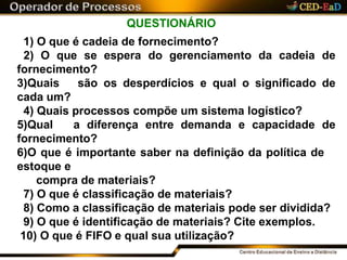 QUESTIONÁRIO
1) O que é cadeia de fornecimento?
2) O que se espera do gerenciamento da cadeia de
fornecimento?
3)Quais são os desperdícios e qual o significado de
cada um?
4) Quais processos compõe um sistema logístico?
5)Qual a diferença entre demanda e capacidade de
fornecimento?
6)O que é importante saber na definição da política de
estoque e
compra de materiais?
7) O que é classificação de materiais?
8) Como a classificação de materiais pode ser dividida?
9) O que é identificação de materiais? Cite exemplos.
10) O que é FIFO e qual sua utilização?
 