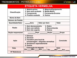 ETIQUETA VERMELHA
Classificação
1. Matéria-prima 5. Máquina/Equipamento
2. Item semi-acabado 6. Molde-Matriz
3. Componente 7. Ferramenta-Encaixe
4. Produto acabado 8. Outros
Nome do Item
Número do Pedido
Quantidade/Valor itens Valor por item: Total:
Razão
1. Item desnecessário 4. Sobra
2. Item com defeito 5. Desconhecida
3. Item não urgente 6. Outras
Seção responsável Dept. Seção Grupo
Ação
1. Eliminar
2. Devolver
3. Transferir para local de
armazenagem - etiquetas vermelhas
4. Armazenar separadamente
5. Outros
Concluído
Data Colocação da etiqueta
Dia Mês Ano
Ação
Dia Mês Ano
Nº Referência
 