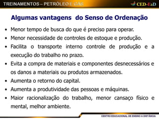 Algumas vantagens do Senso de Ordenação
• Menor tempo de busca do que é preciso para operar.
• Menor necessidade de controles de estoque e produção.
• Facilita o transporte interno controle de produção e a
execução do trabalho no prazo.
• Evita a compra de materiais e componentes desnecessários e
os danos a materiais ou produtos armazenados.
• Aumenta o retorno do capital.
• Aumenta a produtividade das pessoas e máquinas.
• Maior racionalização do trabalho, menor cansaço físico e
mental, melhor ambiente.
 