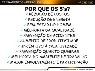 POR QUE OS 5’s?
 REDUÇÃO DE CUSTOS
 REDUÇÃO DE ENERGIA
 BEM-ESTAR DO HOMEM
 MELHORIA DA QUALIDADE
 PREVENÇÃO DE ACIDENTES
 AUMENTO DE PRODUTIVIDADE
 INCENTIVO À CRIATIVIDADE
 PREVENÇÃO QUANTO QUEBRAS
 MELHORIA DO AMBIENTE DE TRABALHO
 MAIOR ENVOLVIMENTO E PARTICIPAÇÃO
 