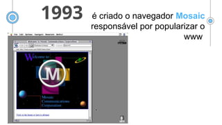 1993 é criado o navegador Mosaic
responsável por popularizar o
www
 