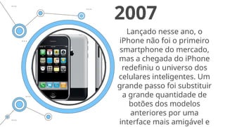 Lançado nesse ano, o
iPhone não foi o primeiro
smartphone do mercado,
mas a chegada do iPhone
redefiniu o universo dos
celulares inteligentes. Um
grande passo foi substituir
a grande quantidade de
botões dos modelos
anteriores por uma
interface mais amigável e
2007
 