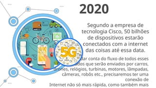 Segundo a empresa de
tecnologia Cisco, 50 bilhões
de dispositivos estarão
conectados com a internet
das coisas até essa data.
Para dar conta do fluxo de todos esses
dados que serão enviados por carros,
drones, relógios, turbinas, motores, lâmpadas,
câmeras, robôs etc., precisaremos ter uma
conexão de
Internet não só mais rápida, como também mais
2020
 