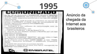 1995
Anúncio da
chegada da
Internet aos
brasileiros
 