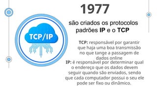 1977
são criados os protocolos
padrões IP e o TCP
TCP: responsável por garantir
que haja uma boa transmissão
no que tange a passagem de
dados online
IP: é responsável por determinar qual
o endereço que os dados devem
seguir quando são enviados, sendo
que cada computador possui o seu ele
pode ser fixo ou dinâmico.
 