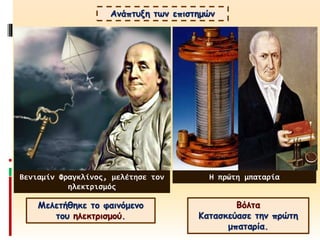 Ανάπτυξη των επιστημών
Μελετήθηκε το φαινόμενο
του ηλεκτρισμού.
Βόλτα
Κατασκεύασε την πρώτη
μπαταρία.
Βενιαμίν Φραγκλίνος, μελέτησε τον
ηλεκτρισμός
Η πρώτη μπαταρία
 
