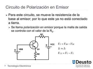 Tecnología Electrónica
Circuito de Polarización en Emisor
 Para este circuito, se mueve la resistencia de la
base al emis...