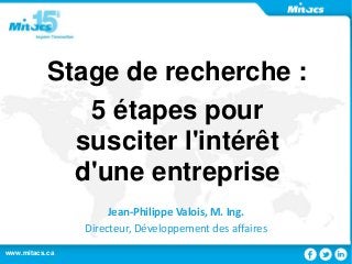www.mitacs.ca 1www.mitacs.ca
Stage de recherche :
5 étapes pour
susciter l'intérêt
d'une entreprise
Jean-Philippe Valois, M. Ing.
Directeur, Développement des affaires
 
