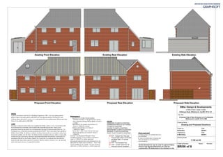 Proposed Side & Rear Extension at 4 Ty-Newydd,
Whitchurch, Cardiff. CF14 1NN
Drawn by Date
M Ferreira 02/2011
Checked by Date
B McCarthy 02/2011
1:100 on A3
Drawing Name
Drawing Scale
Drawing Number: Status Revision
BR/06 of 9
Job Title
Existing and Proposed Elevations
CHF
EXT
2
2
CHF
Existing Front Elevation Existing Rear Elevation Existing Side Elevation
Proposed Front Elevation Proposed Rear Elevation Proposed Side Elevation
EXT - Extract Fan 15l/s and
must be light switch connected
and fitted with a 15 minute
overrun.
FAF - Fan Assisted Flue.
CHF - Cooker Hood Fan 30
litres per second ventilation.
NOTES
WINDOWS TO MATCH EXISTING
RAINWATER PIPES & GUTTERING
TO MATCH EXISTING
DOORS TO MATCH EXISTING
BRICKWORK TO MATCH EXISTING
RENDER TO MATCH EXISTING
ROOF TILES TO MATCH EXISTING
LintelsLintelsLintelsLintels
All lintels in external cavity walls to be supplied from Birtle, Catnic or I.G. in accordance with
the manufacturers schedules and insulated with expanded polystyrene. Damp proof
protection should be provided over all unprotected openings in external walls either by:- (a)
Combined d.p.c, lintel with corrosion protectionto B.S.5977: Part 2 and which has a profile to
NHBC Clause D6(b). (b) Where a suitable combined lintel profile is not provided, cavity trays
should be installed over the lintel. The lintels shall be insulated and have either no base plate
continuous from outer leaf or shall be a perforated baseplate with effective conductivity not
exceeding 30W/mK as the Robust Details.The Cavity tray or combined lintel should have
stopends with weep holes spaced at maximum 450mm centres, minimum 2 no. per opening
where fair faced masonry is supported by lintels.
GlazingGlazingGlazingGlazing
To be in accordance with Part N of Building Regulations 1992. Low Level glazing below
800mm high to be safety glass to BS.6206.Low level glazing between finished floor and
1500mm above that level in a door or in a side panel and surrounding areas 300mm past door
frame to be safety glass to BS.6206.
Windows/DoorsWindows/DoorsWindows/DoorsWindows/Doors
· Any PVC-U or timber framed window
(installed vertically) or fully glazed door should
have a Window Energy Rating (WER) of band C
or better.
· Alternatively, the window should have a U-
Value of 1.6W/m²K or better.
· All doors should have a U-Value of
1.8W/m²K or better.
· Doors with > 50% of their internal face area
glazed should have an overall U-Value of
1.8W/m²K.
Example: Double glazed Pilkington Glass -
energikare classic, 4:16:4 K-Glass to achieve U-
value of 1.5W/m²K or similar approved.
All proposed external doors and windows are to be
fitted with two trickle vents at 425mm - Titon TV90
Hi Lift Ventilator & HF Canopy - For use on UPVC,
aluminium or timber windows, or similar approved.
1 Existing garage to be carefully taken down
and carted away.
Where applicable
BMac Design & Developments
07766 317970 / 02920 310595
3 Bishops Road, Whitchurch, Cardiff. CF14 1LT
Scaled dimensions may be used for approximation.
Ensure only figured dimensions are used for
construction. All dimensions to be checked on site.
2 Velux roof window sizes to be agreed with
client and installed as per manufacturers
recommendations.
 