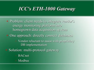 ICC's ETH-1000 GatewayICC's ETH-1000 Gateway
●
Problem: client needs to integrate vendor'sProblem: client needs to integrate vendor's
energy monitoring platform intoenergy monitoring platform into
homegrown data acquisition systemhomegrown data acquisition system
●
One approach: directly connect databasesOne approach: directly connect databases
– Vendor reluctant to assist with proprietaryVendor reluctant to assist with proprietary
DB implementationDB implementation
●
Solution: multi-protocol gatewaySolution: multi-protocol gateway
– BACnetBACnet
– ModbusModbus
 