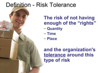 Definition - Risk Tolerance
The risk of not having
enough of the “rights”
– Quantity
– Time
– Place
and the organization's
tolerance around this
type of risk
 