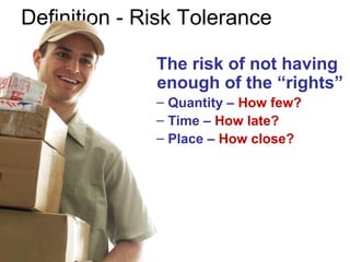 Definition - Risk Tolerance
The risk of not having
enough of the “rights”
– Quantity – How few?
– Time – How late?
– Place – How close?
 