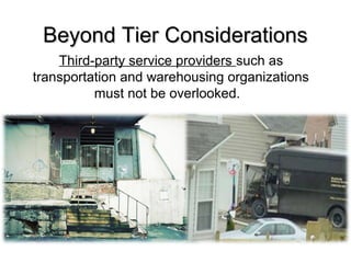 Beyond Tier ConsiderationsBeyond Tier Considerations
Third-party service providers such as
transportation and warehousing organizations
must not be overlooked.
 