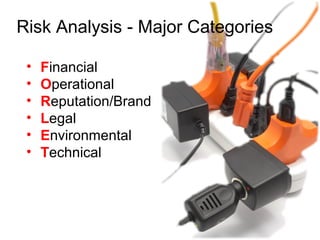 Risk Analysis - Major Categories
• Financial
• Operational
• Reputation/Brand
• Legal
• Environmental
• Technical
 