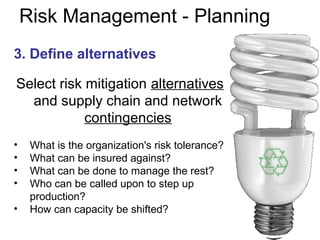 Risk Management - Planning
3. Define alternatives
Select risk mitigation alternatives
and supply chain and network
contingencies
• What is the organization's risk tolerance?
• What can be insured against?
• What can be done to manage the rest?
• Who can be called upon to step up
production?
• How can capacity be shifted?
 