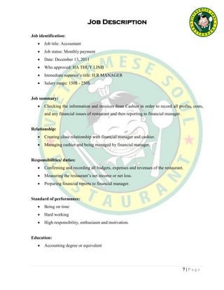 7 | P a g e
Job Description
Job identification:
 Job title: Accountant
 Job status: Monthly payment
 Date: December 13, 2011
 Who approved: HA THUY LINH
 Immediate superior’s title: H.R MANAGER
 Salary range: 150$ - 250$
Job summary:
 Checking the information and invoices from Cashier in order to record all profits, costs,
and any financial issues of restaurant and then reporting to financial manager.
Relationship:
 Creating close relationship with financial manager and cashier.
 Managing cashier and being managed by financial manager.
Responsibilities/ duties:
 Confirming and recording all budgets, expenses and revenues of the restaurant.
 Measuring the restaurant’s net income or net loss.
 Preparing financial reports to financial manager.
Standard of performance:
 Being on time
 Hard working
 High responsibility, enthusiasm and motivation.
Education:
 Accounting degree or equivalent
 
