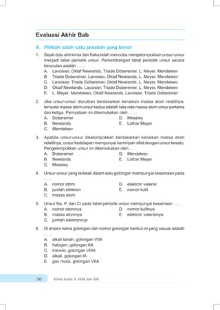 Evaluasi Akhir Bab

A. Pilihlah salah satu jawaban yang benar.
1.   Sejak dulu ahli kimia dan fisika telah mencoba mengelompokkan unsur-unsur
     menjadi tabel periodik unsur. Perkembangan tabel periodik unsur secara
     berurutan adalah . . . .
     A. Lavoisier, Oktaf Newlands, Triade Dobereiner, L. Meyer, Mendeleev
     B. Triade Dobereiner, Lavoisier, Oktaf Newlands, L. Meyer, Mendeleev
     C. Lavoisier, Triade Dobereiner, Oktaf Newlands, L. Meyer, Mendeleev
     D. Oktaf Newlands, Lavoisier, Triade Dobereiner, L. Meyer, Mendeleev
     E. L. Meyer, Mendeleev, Oktaf Newlands, Lavoisier, Triade Dobereiner

2.   Jika unsur-unsur diurutkan berdasarkan kenaikan massa atom relatifnya,
     ternyata massa atom unsur kedua adalah rata-rata massa atom unsur pertama
     dan ketiga. Pernyataan ini dikemukakan oleh . . . .
     A. Dobereiner                          D. Moseley
     B. Newlands                            E. Lothar Meyer
     C. Mendeleev

3.   Apabila unsur-unsur dikelompokkan berdasarkan kenaikan massa atom
     relatifnya, unsur kedelapan mempunyai kemiripan sifat dengan unsur kesatu.
     Pengelompokkan unsur ini dikemukakan oleh . . . .
     A. Dobereiner                          D. Mendeleev
     B. Newlands                            E. Lothar Meyer
     C. Moseley

4.   Unsur-unsur yang terletak dalam satu golongan mempunyai kesamaan pada
     ....
     A. nomor atom                          D. elektron valensi
     B. jumlah elektron                     E. nomor kulit
     C. massa atom

5.   Unsur Na, P, dan Cl pada tabel periodik unsur mempunyai kesamaan . . . .
     A. nomor atomnya                        D. nomor kulitnya
     B. massa atomnya                        E. elektron valensinya
     C. jumlah elektronnya

6.   Di antara nama golongan dan nomor golongan berikut ini yang sesuai adalah
     ....
     A. alkali tanah, golongan VIIA
     B. halogen, golongan IIA
     C. transisi, golongan VIIIA
     D. alkali, golongan IA
     E. gas mulia, golongan VIIA



36        Kimia Kelas X SMA dan MA
 