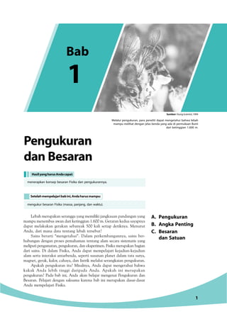 A. Pengukuran 
B. Angka Penting 
C. Besaran 
dan Satuan 
Pengukuran 
dan Besaran 
Hasil yang harus Anda capai: 
menerapkan konsep besaran Fisika dan pengukurannya. 
Setelah mempelajari bab ini, Anda harus mampu: 
$854;@8DGC44AE8D4A::4K4A:@8@?=4A:4G4AC4A74A:4AK4A: 
@4@CG@8A8@5GE4I4A74D8FA::4A

@8F4D4A87G4E4K4CAK4 
74C4F @8?4G4A :8D44A E854AK4 

 4? E8F4C 78FAK4 %8AGDGF 
A74 74D @4A4 74F4 F8AF4A: ?854; F8DE85GF 
*4AE 58D4DF R@8A:8F4;GS 4?4@ C8D8@54A:4AAK4 E4AE 58D 
;G5GA:4A78A:4ACDBE8EC8@4;4@4AF8AF4A:4?4@E864D4EEF8@4FEK4A: 
@8?CGFC8A:4@4F4AC8A:GGD4A74A8EC8D@8AE4@8DGC44A54:4A 
74D E4AE  74?4@ E4 A74 74C4F @8@C8?4=4D 8=474A8=474A 
4?4@E8DF4AF8D4E4AF4D58A74E8C8DFEGEGA4AC?4A8F74?4@F4F4EGDK4 
@4:A8F:8D44?BD64;4K474A?EFD@8?4?GE8D4A:44AC8A:GGD4A 
C44; C8A:GGD4A FG %E4?AK4 A74 74C4F @8A:8F4;G 54;I4 
44 A74 ?85; FA:: 74DC474 A74 C44; A @8DGC44A 
C8A:GGD4A (474 545 A A74 44A 58?4=4D @8A:8A4 (8A:GGD4A 74A 
8E4D4A (8?4=4D 78A:4A E4E4@4 4D8A4 545 A @8DGC44A 74E4D74E4D 
A74 @8@C8?4=4D E4 
1 
mengukur besaran Fisika (massa, panjang, dan waktu). 
Melalui pengukuran, para peneliti dapat mengetahui bahwa lebah 
mampu melihat dengan jelas benda yang ada di permukaan Bumi 
dari ketinggian 1.600 m. 
Bab 
1 
Sumber: Young Scientist, 1994 
 