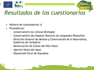 Resultados de los cuestionarios Número de cuestionarios: 6 Procedencia:  Conservatoire du Littoral Bretagne Conservatoire des Espaces Naturels du Languedoc-Roussillon Dirección General de Montes y Conservación de la Naturaleza, Gobierno de Cantabria Demarcación de Costas del País Vasco Agencia Vasca del Agua Diputación Foral de Gipuzkoa 