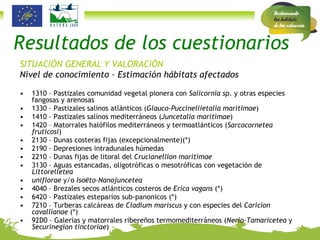 SITUACIÓN GENERAL Y VALORACIÓN Nivel de conocimiento – Estimación hábitats afectados 1310 – Pastizales comunidad vegetal pionera con  Salicornia sp . y otras especies fangosas y arenosas 1330 – Pastizales salinos atlánticos ( Glauco-Puccinellietalia maritimae ) 1410 – Pastizales salinos mediterráneos ( Juncetalia maritimae ) 1420 – Matorrales halófilos mediterráneos y termoatlánticos ( Sarcocornetea fruticosi ) 2130 – Dunas costeras fijas (excepcionalmente)(*) 2190 – Depresiones intradunales húmedas 2210 – Dunas fijas de litoral del  Crucianellion maritimae 3130 – Aguas estancadas, oligotróficas o mesotróficas con vegetación de  Littorelletea uniflorae  y/o  Isoëto-Nanojuncetea 4040 – Brezales secos atlánticos costeros de  Erica vagans  (*) 6420 – Pastizales esteparios sub-panonicos (*) 7210 – Turberas calcáreas de  Cladium mariscus  y con especies del  Caricion cavallianae  (*) 92D0 – Galerías y matorrales ribereños termomediterráneos ( Nerio-Tamaricetea  y  Securinegion tinctoriae ) Resultados de los cuestionarios 