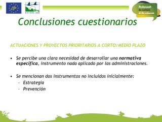 Conclusiones cuestionarios ACTUACIONES Y PROYECTOS PRIORITARIOS A CORTO/MEDIO PLAZO Se percibe una clara necesidad de desarrollar una  normativa específica , instrumento nada aplicado por las administraciones. Se mencionan dos instrumentos no incluidos inicialmente: Estrategia Prevención 