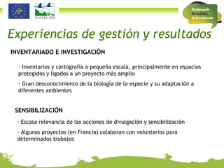 INVENTARIADO E INVESTIGACIÓN Inventarios y cartografía a pequeña escala, principalmente en espacios protegidos y ligados a un proyecto más amplio  Gran desconocimiento de la biología de la especie y su adaptación a diferentes ambientes SENSIBILIZACIÓN Escasa relevancia de las acciones de divulgación y sensibilización Algunos proyectos (en Francia) colaboran con voluntarios para determinados trabajos Experiencias de gestión y resultados 