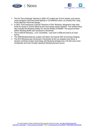 NEWS
For news releases, related materials and high-resolution photos and video, visit http://media.ford.com/ind,
www.flickr.com/fordapa, or www.youtube.com/fordapa. Follow at www.facebook.com/fordindia or www.twitter.com/fordindia
www.twitter.com/fordindiahttp://www.facebook.com/ford
india
 The V6 “Pony Package” debuted in 2006. GT models got 18-inch wheels, and owners
could configure instrument panel lighting in 125 different colors, an industry first, using
Ford’s MyColor instrument gauge.
 In 2007, Ford introduced a special “Warriors in Pink” Mustang, designed to help raise
funds for Susan G. Komen Race for the Cure breast cancer research. The vehicle lineup
also included the Mustang Shelby GT and the Shelby GT500KR. The second limited-
edition Mustang Bullitt was introduced in November.
 The 9 millionth Mustang – a GT convertible – was built in 2008 and sold to an Iowa
farmer.
 The 2009 Mustang features a glass roof option and special 45th anniversary badging.
 The 2010 Mustang was introduced in November at the Los Angeles Auto Show. It
cleverly combines modern technology with Mustang heritage and a V8 with even more
horsepower and even throatier signature Mustang exhaust sound.
 