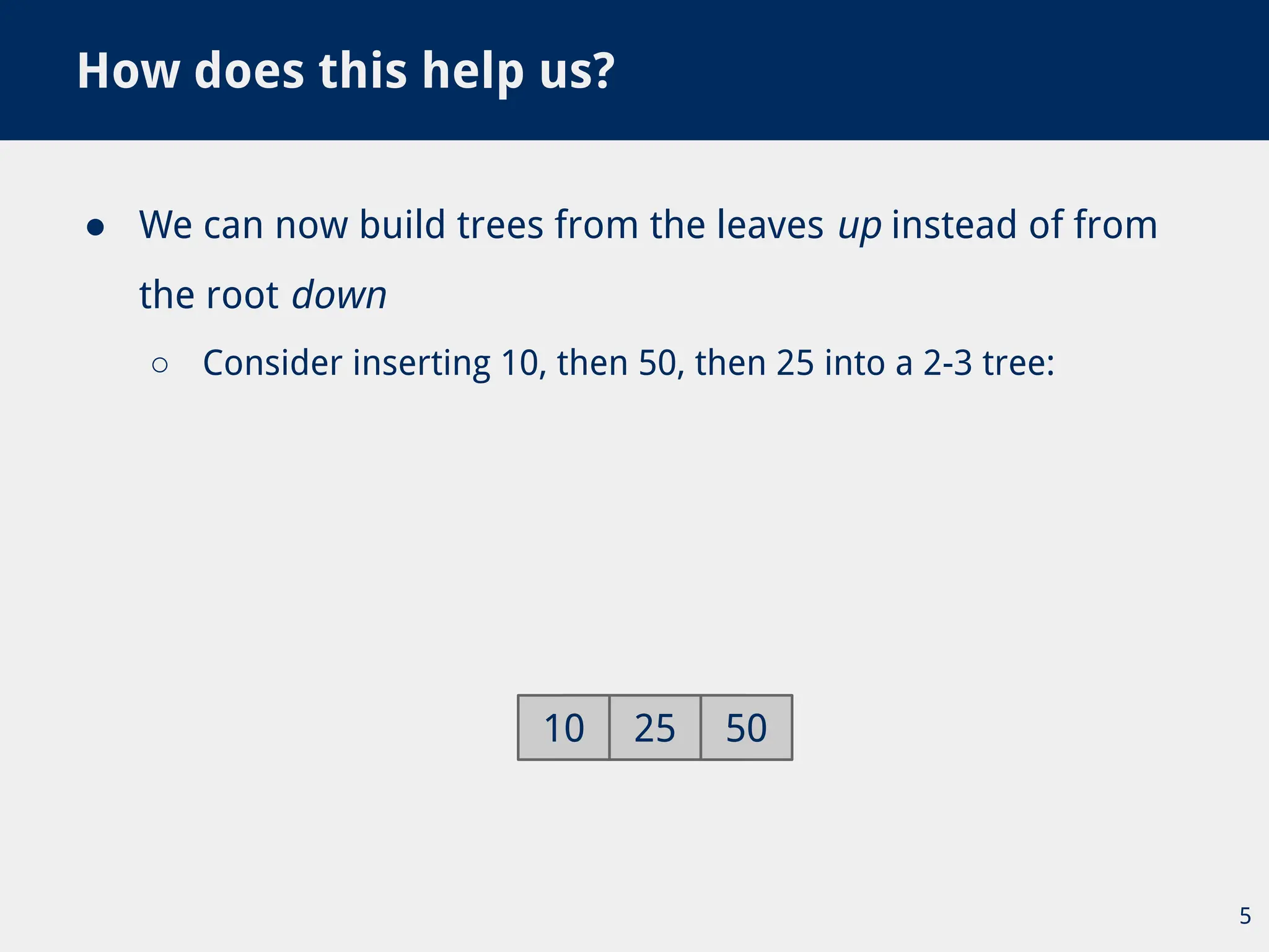 ● We can now build trees from the leaves up instead of from
the root down
○ Consider inserting 10, then 50, then 25 into a 2-3 tree:
How does this help us?
5
10 50
10 50
25
 