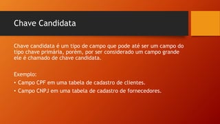 Chave Candidata
Chave candidata é um tipo de campo que pode até ser um campo do
tipo chave primária, porém, por ser considerado um campo grande
ele é chamado de chave candidata.
Exemplo:
• Campo CPF em uma tabela de cadastro de clientes.
• Campo CNPJ em uma tabela de cadastro de fornecedores.
 